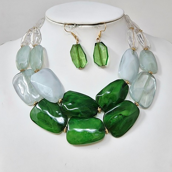 Green Pebble Layered Resin Abstract Necklace Chunky Statement Jewelry Set Gold - Picture 2 of 4